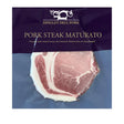 A vacuum-sealed package of Dingley Dell Pork Steak Maturato, showing a thick cut of raw marbled pork on a blue background with a dark purple label at the top.