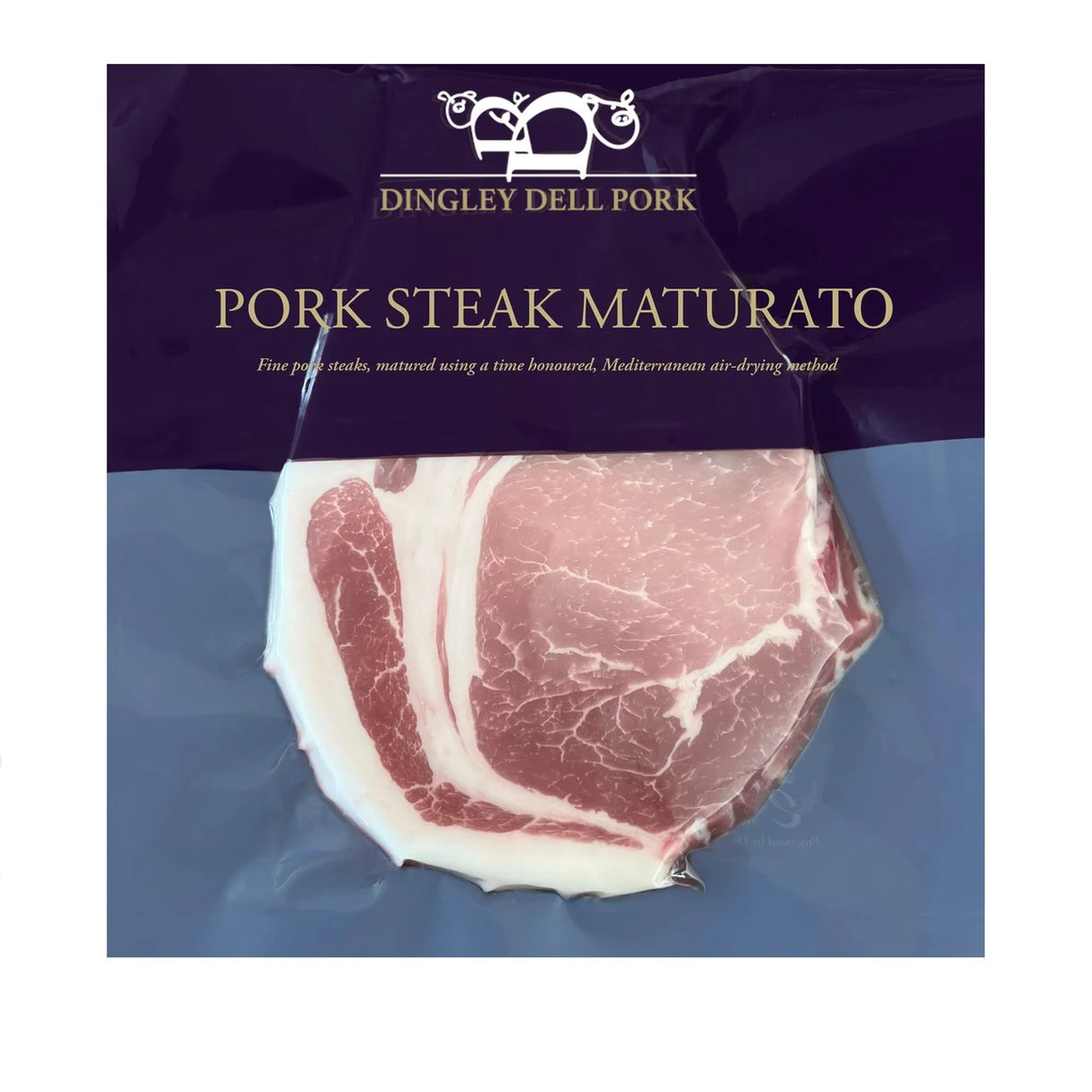A vacuum-sealed package of Dingley Dell Pork Steak Maturato, showing a thick cut of raw marbled pork on a blue background with a dark purple label at the top.