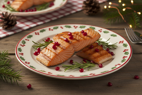 2 fillets of grilled Tasmanian salmon steaks in Christmas theme